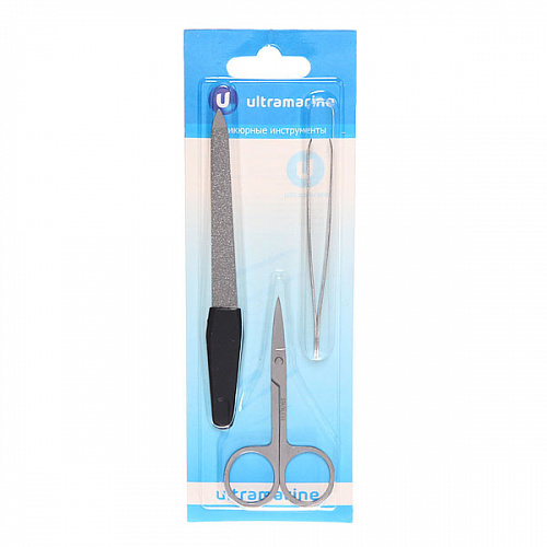 Маникюрный набор на блистере, 3 предмета "Ultramarine" (ножницы, пинцет и пилка металлическая)