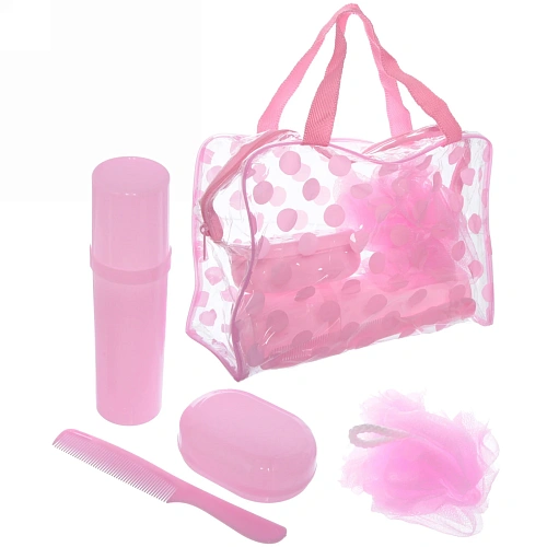 Набор банный дорожный 4шт "Traveler - Горошек", микс 2 цв., (мочалка, футляр 2шт, расческа), 20*15*6см