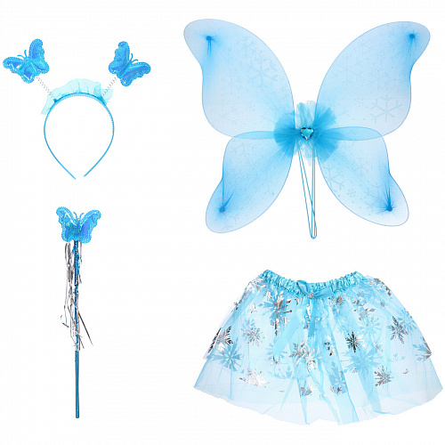 Карнавальный костюм "Зимняя фея" (юбка,крылья,волшебная палочка,ободок), Голубой