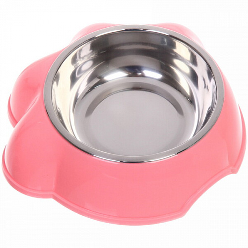 Миска пластиковая с металлической чашкой "Лапка" 16*4,6см цвет розовый