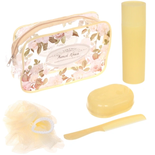 Набор банный дорожный 4шт "Traveler - Цветы", цв айвори, (мочалка, футляр 2шт, расческа), 22*15*6