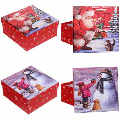 Коробка подарочная "Дед Мороз и кошка" 20*20*9,5 см