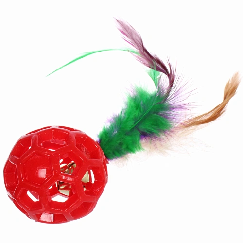Игрушка - шарик для кошек МУРОЧКИН, цвет красный, с бубенчиком и перышками, 4,5см_3