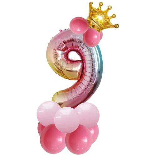Шар фольгированный 81 см “Цифра 9” с набором шаров (розовый перелив)