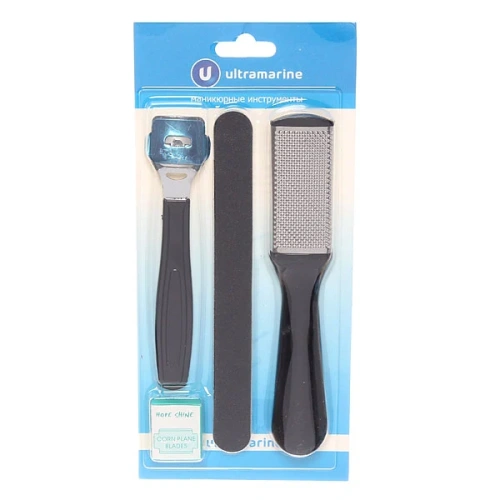 Педикюрный набор на блистере, 4 предмета "Ultramarine" (полировка наждачная, скребок для пяток, терка металлическая для ног и лезвия), 24*11см