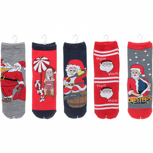 Носки новогодние "Дед мороз", микс 5 цветов, р-р36-42 (крючок, пакет, стикер)