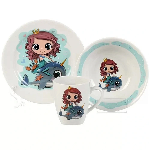 Набор детской посуды фарфор, 3 шт, Русалка и друг Кит, тарелка 17.5 см, салатник 360 мл, кружка 210 мл, Daniks