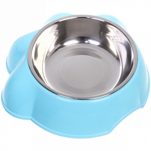 Миска пластиковая с металлической чашкой "Лапка" 21*6,5см цвет голубой / 350 и 450мл