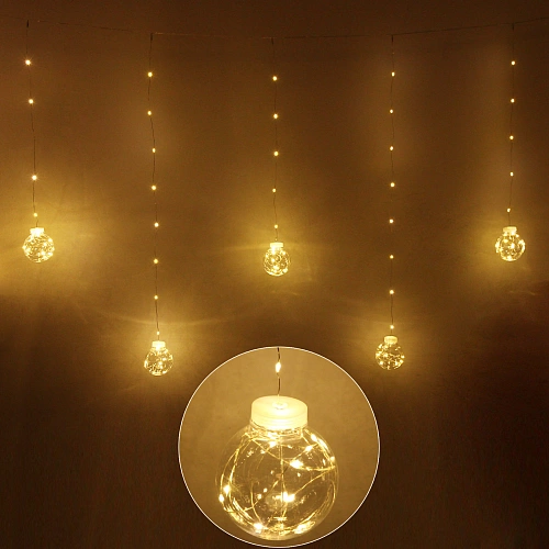 Гирлянда для дома БАХРОМА "Шар" ш2,5 м* в0,5/0,8м 200 ламп LED, d-8 см, 1 реж, IP-20, Теплый белый
