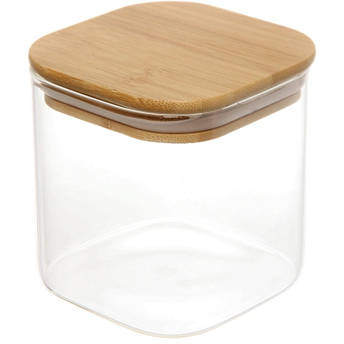 Банка для продуктов стеклянная 600мл "Хай-Тек" с бамбуковой крышкой, квадратная 10*10см
