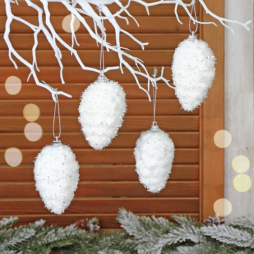 Ёлочные игрушки "Морозный иней" ШИШКА 7 см (набор 4 шт), Белый