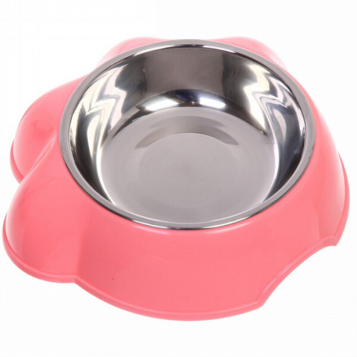Миска пластиковая с металлической чашкой "Лапка" 21*6,5см цвет розовый / 350 и 450мл