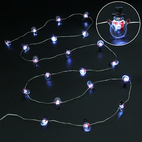 Гирлянда для дома "Снеговичок" (3*2,2см) на батарейках 2,0 м 20 ламп LED, 1 реж., IP-20, Белый (батарейки CR2032)