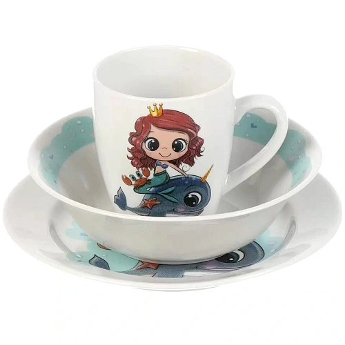 Набор детской посуды фарфор, 3 шт, Русалка и друг Кит, тарелка 175 см, салатник 360 мл, кружка 210 мл, Daniks_2