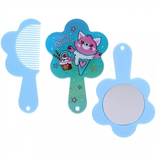 Расческа с зеркалом в наборе детские "МИМИШКИ", котик, цвет лазурный, 11см 