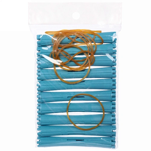 Бигуди пластмассовые-коклюшки с резинками 10шт d-12см KUDRI, цвет голубой, (прозрачный пакет с подвесом)_5