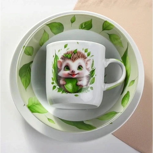 Набор посуды керамика, 3 шт, Ёжик, тарелка 175 см, салатник 15 см350 мл, кружка 230 мл, Daniks_2