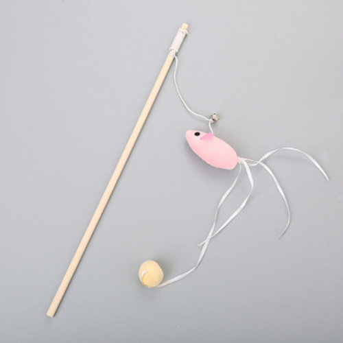 Игрушка - дразнилка на палочке "ЦапЦап", мышка с колокольчиком, цвет розовый, 40см ( пакет с подвесом)
