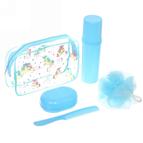 Набор банный дорожный 4шт "Traveler-Единорог", цв голубой, (мочалка, футляр 2шт, расческа), 20*12*6