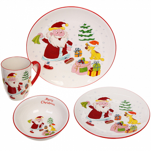 Набор посуды керамической "Дед Мороз с подарками" (кружка 330мл+салатник 13см+тарелка 20см+тарелка 25см)