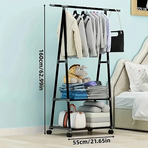 Вешалка гардеробная напольная на колесах с полкой "ПЕРФЕКТХАУС", цвет черный, нагрузка 15кг и 5кг на полку, 55*42*160см