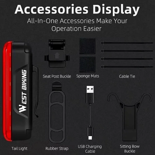 Фонарь велосипедный, задний West Biking YP0701363 (аккум 450 mAh,USB)_15