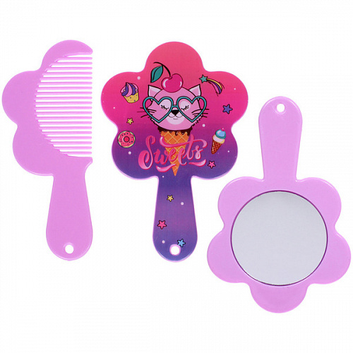 Расческа с зеркалом в наборе детские "МИМИШКИ", котик, цвет розово-фиолетовый, 11см 