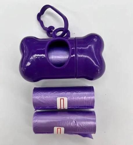 Контейнер с 3 упаковками пакетов для уборки за собакой с карабином, цвет фиолетовый (3*15шт)