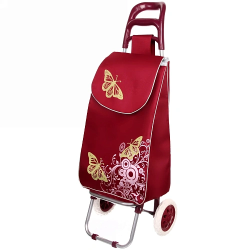 Тележка хозяйственная с сумкой (95*33*30см, колеса 16см, до 30 кг.) бабочки бордовая
