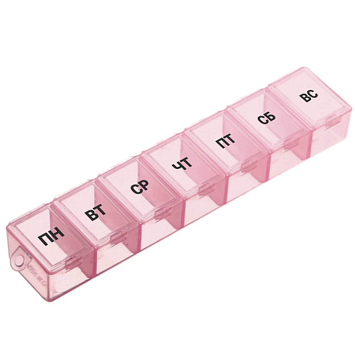Таблетница - органайзер 7 ячеек "Неделька", цвет голубой, розовый и прозрачный, 15*3,5*2,5см (пакет с подвесом)