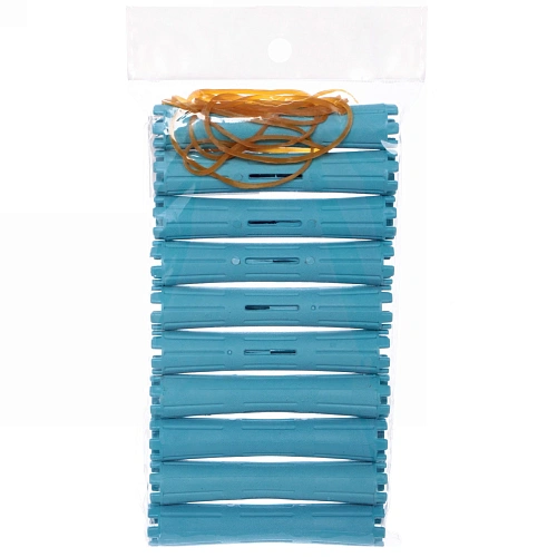 Бигуди пластмассовые-коклюшки с резинками 10шт d-16см KUDRI, цвет голубой, (прозрачный пакет с подвесом)_5