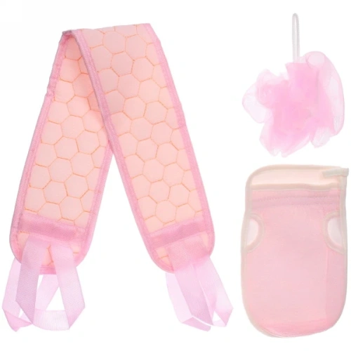 Набор массажных мочалок 3шт "Уход за телом", цвет розовый, 21,5*13см, 80*9см,12см, (плотный пвх пакет с кулиской)