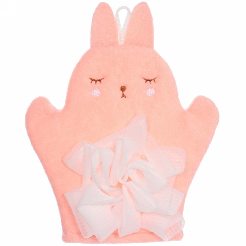 Мочалка-варежка для тела детская "Water Magic - Зайчонок Дэнис", цвет пудровый, 18*22 см (ZIP пакет)