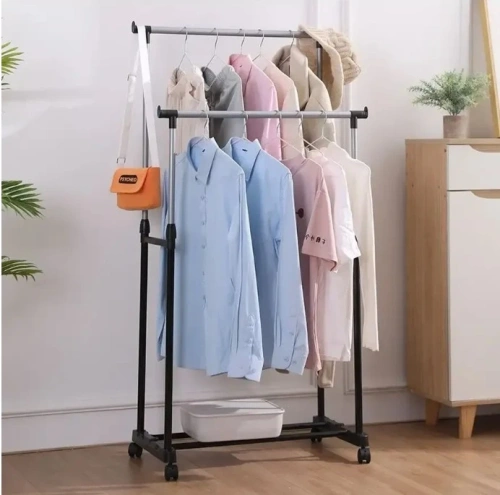 Вешалка гардеробная телескопическая напольная на колёсах двойная "ПЕРФЕКТХАУС", цвет черный, нагрузка до 25кг, 75*42*150см