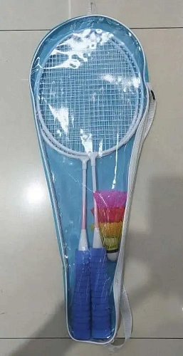 Бадминтон в наборе K-706, 3 предмета: 2 металлические ракетки 57 см,3 волана, чехол (цвет: голубой,розовый)