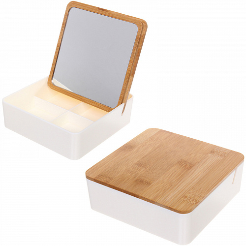Зеркало настольное - органайзер с бамбуковой крышкой "БРАМИНГЕМ", цвет белый, 15*15,5см (коробка)