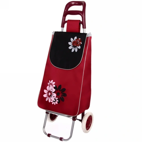 Тележка хозяйственная с сумкой (95*33*30см, колеса 16см, до 30 кг.) цветы бордовая