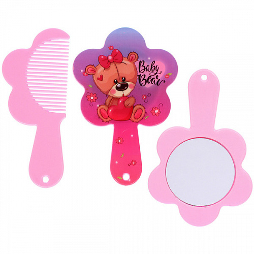 Расческа с зеркалом в наборе детские "МИМИШКИ", мишка, цвет розово-фиолетовый, 11см 