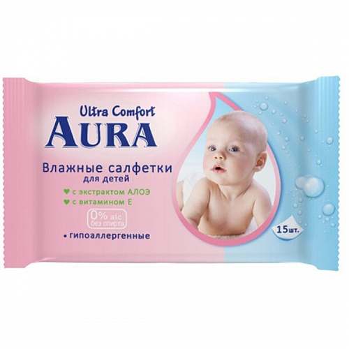Салфетки влажные AURA Ultra comfort  алое и витамин Е 15 шт